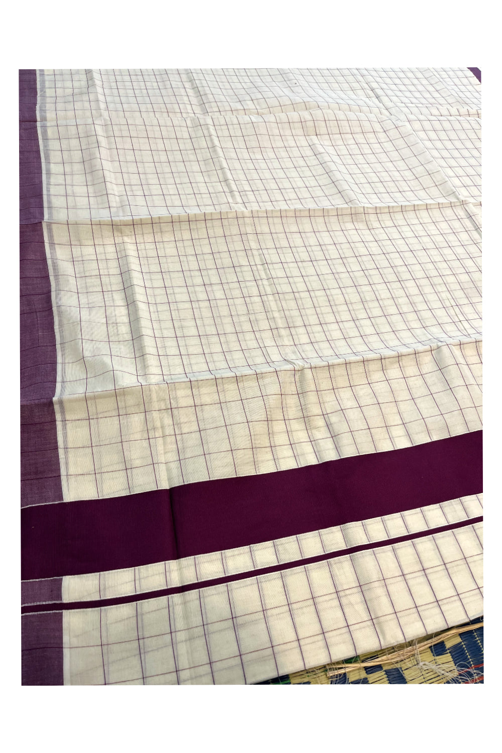 Pure Cotton Kerala Saree with Purple Check Designs Across Body