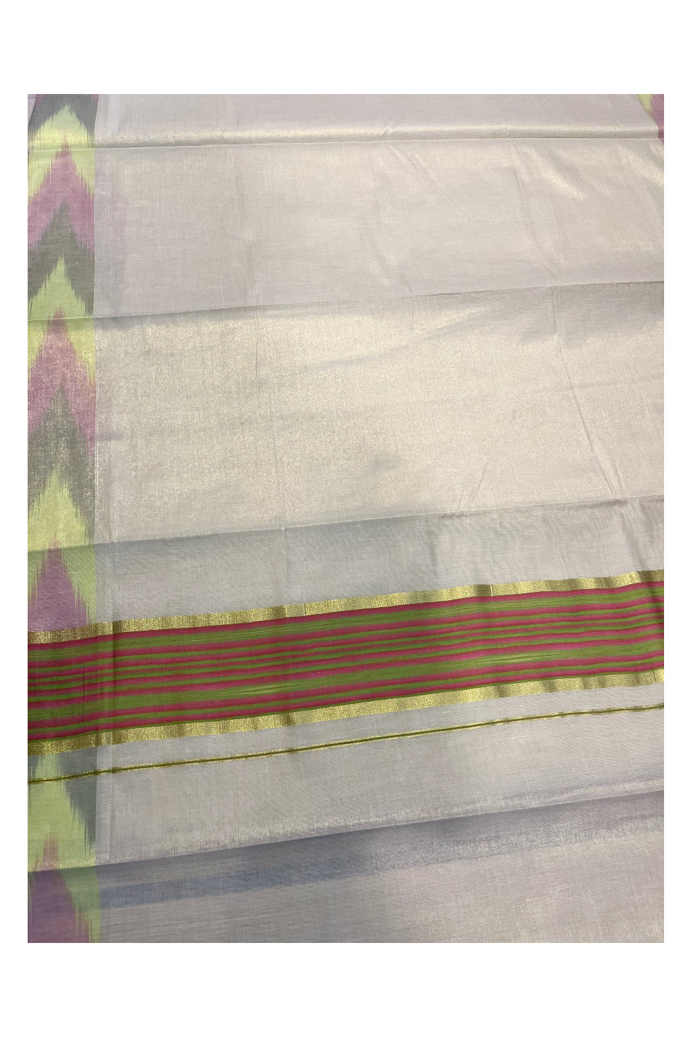 Southloom Kerala Tissue Kasavu Saree with Green and Pink Pochampally Design on Borders and Kara