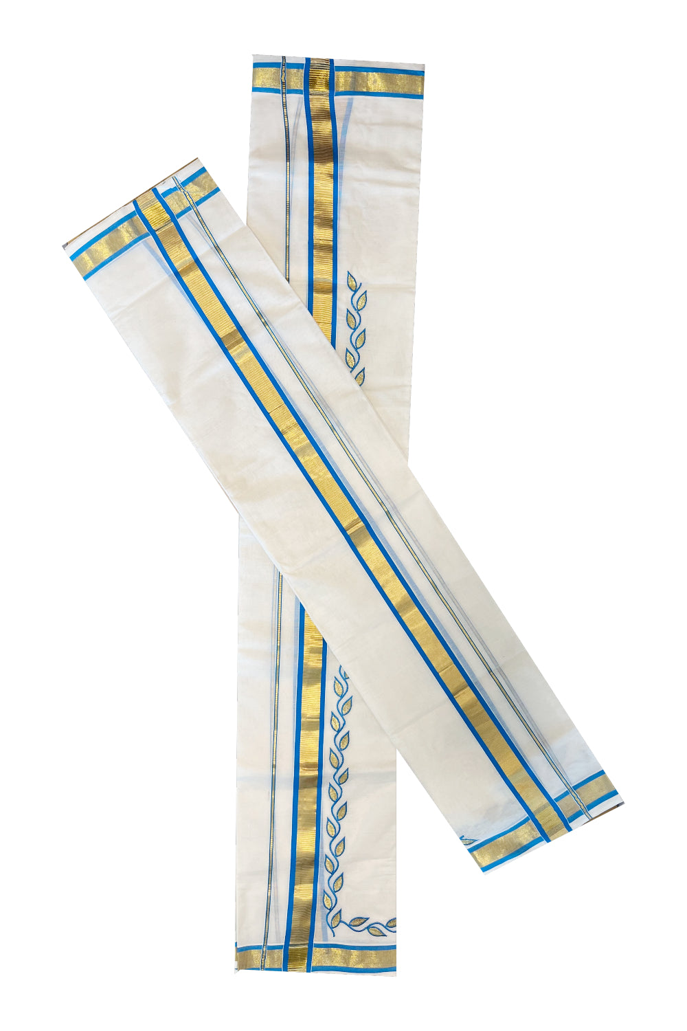 Kerala Cotton Single Mundum Neriyathum  (Set Mundu) with Blue Golden Floral Embroidery Designs in Blue and Kasavu Border