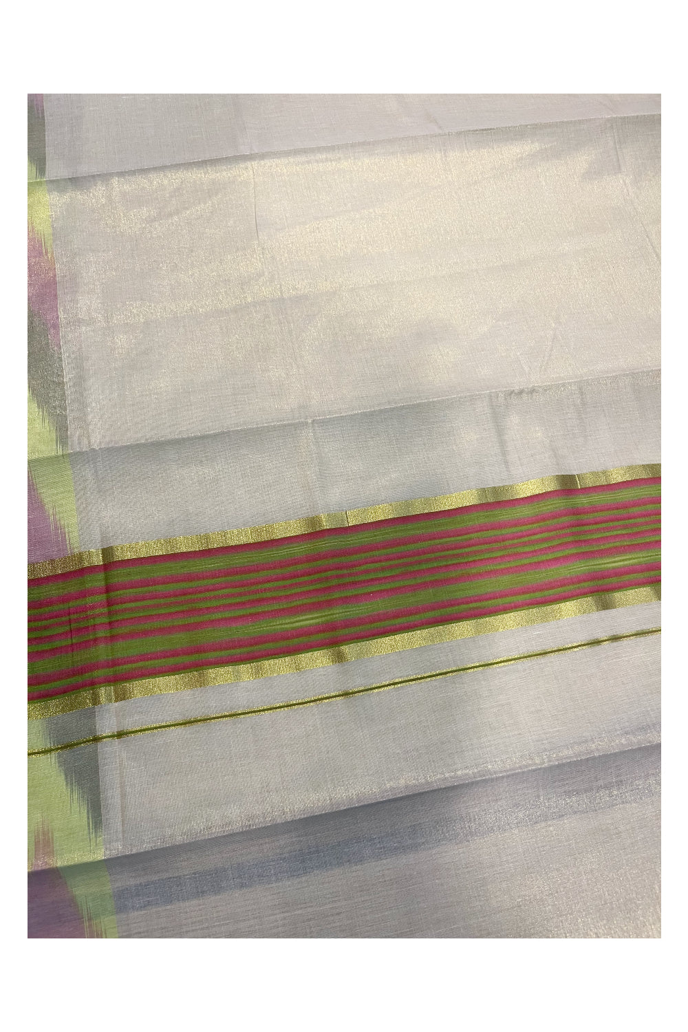 Southloom Kerala Tissue Kasavu Saree with Green and Pink Pochampally Design on Borders and Kara