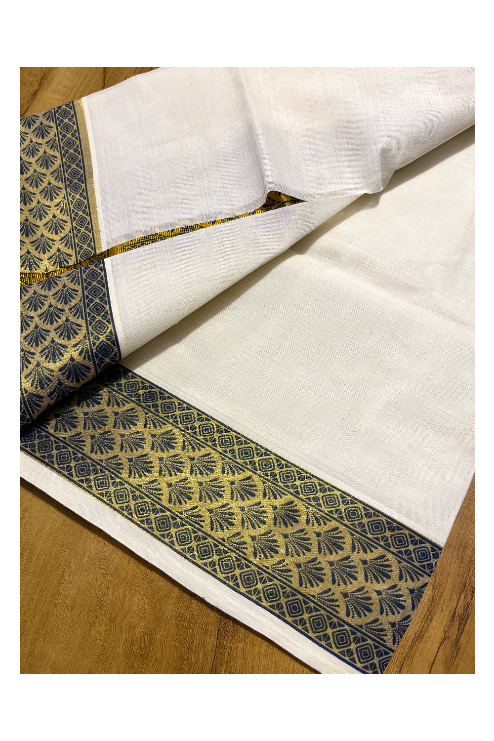 Kerala Pure Cotton Set Mundu Single (Mundum Neriyathum) with Blue Block Prints on Kasavu Border 2.80Mtrs