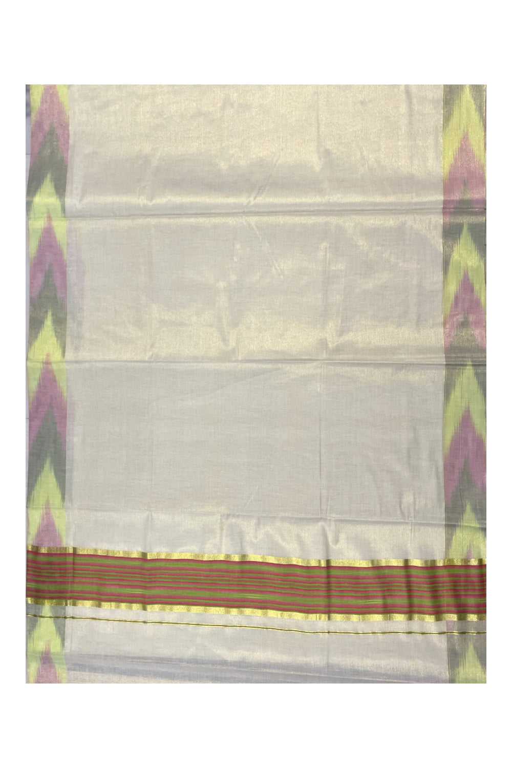 Southloom Kerala Tissue Kasavu Saree with Green and Pink Pochampally Design on Borders and Kara