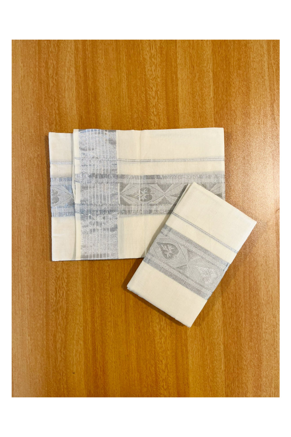 Kerala Pure Cotton Single Set Mundu (Mundum Neriyathum) with Woven Designs on Silver Kasavu Border 2.80 Mtrs