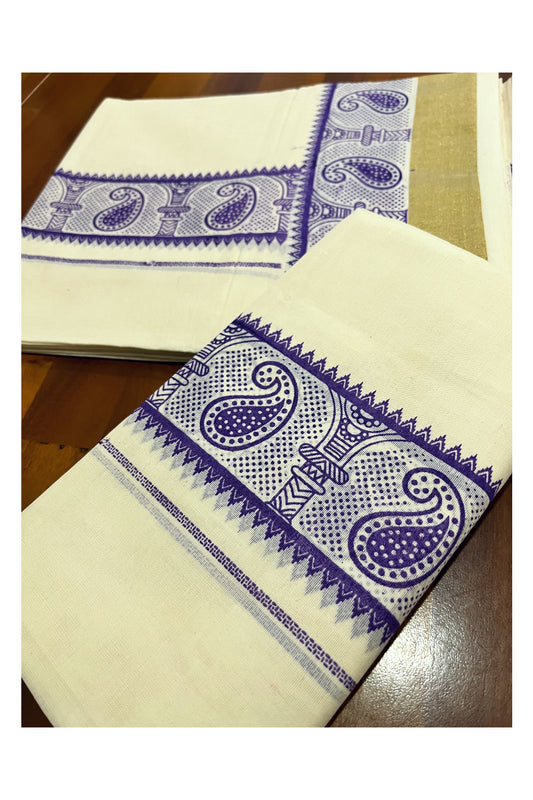 Kerala Pure Cotton Single Set Mundu with Violet Paisley Block Printed Border