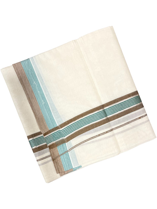 Southloom Kerala Pure Cotton Double Mundu with Green And Brown Silver Lines Border (South Indian Dhoti)