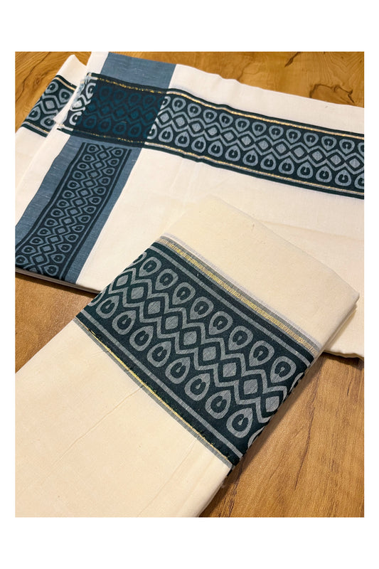 Kerala Cotton Single Set Mundu (Mundum Neriyathum) with Green Block print Border 2.80Mtrs