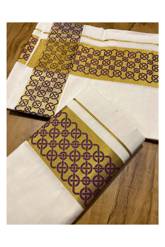 Kerala Pure Cotton Set Mundu Single (Mundum Neriyathum) with Violet Block Prints on Kasavu Border 2.80Mtrs