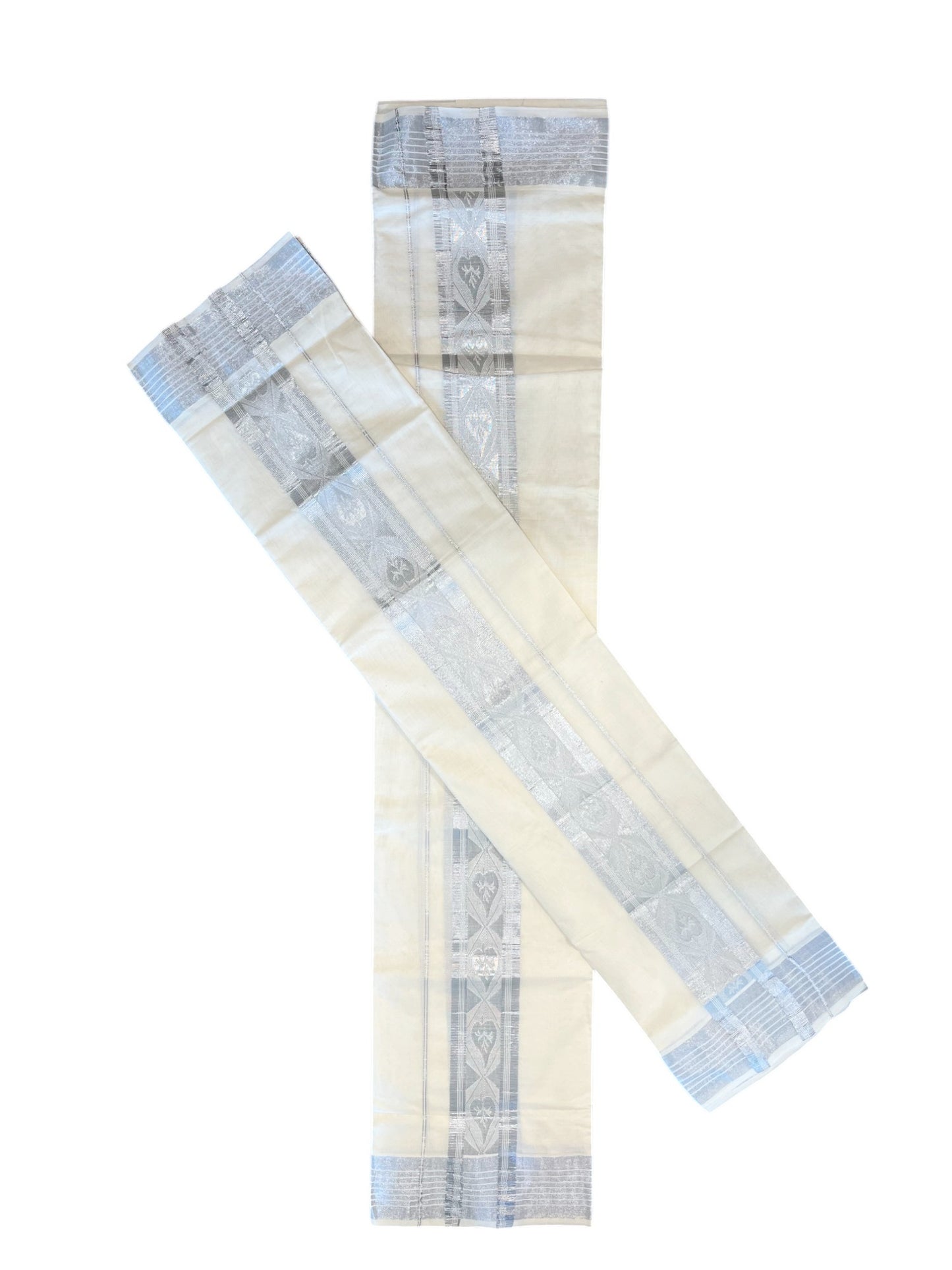 Kerala Pure Cotton Single Set Mundu (Mundum Neriyathum) with Woven Designs on Silver Kasavu Border 2.80 Mtrs