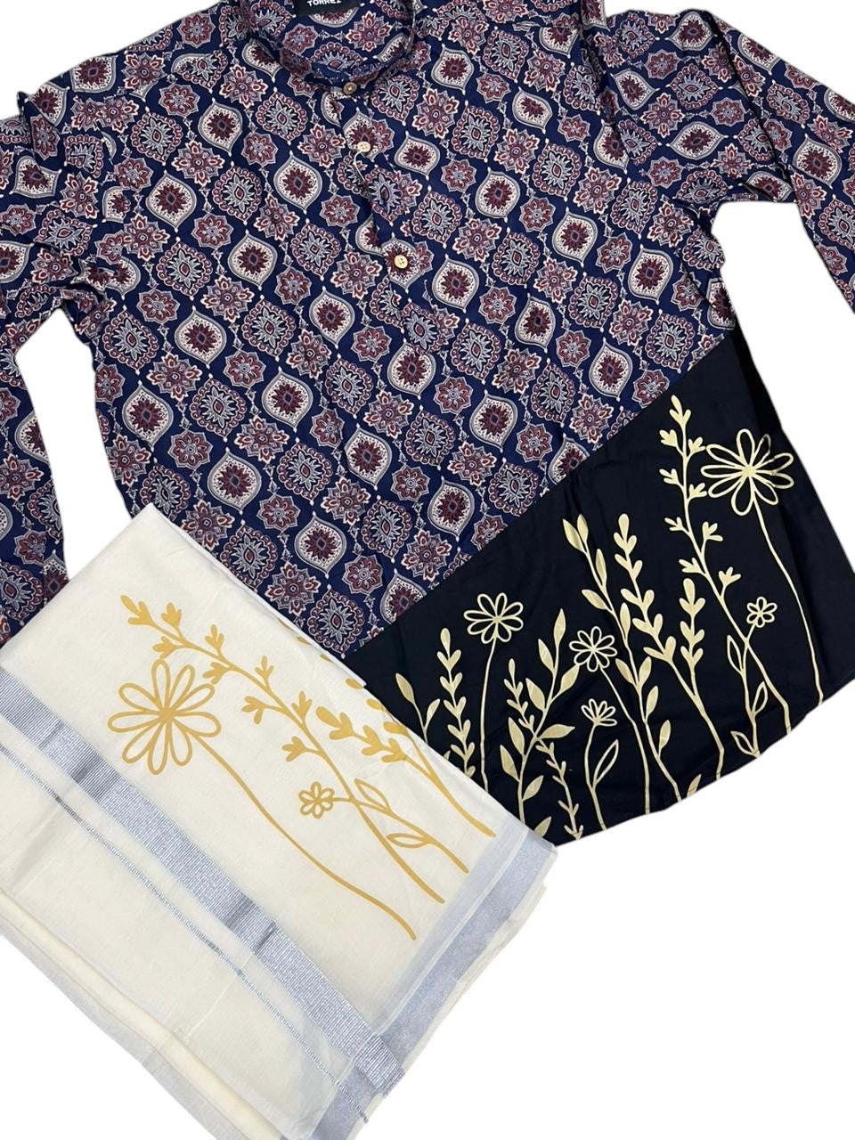 Southloom Cotton Ajrakh Printed Blue Men's Combo (Shirt + Mundu) SLCOMBO SL579