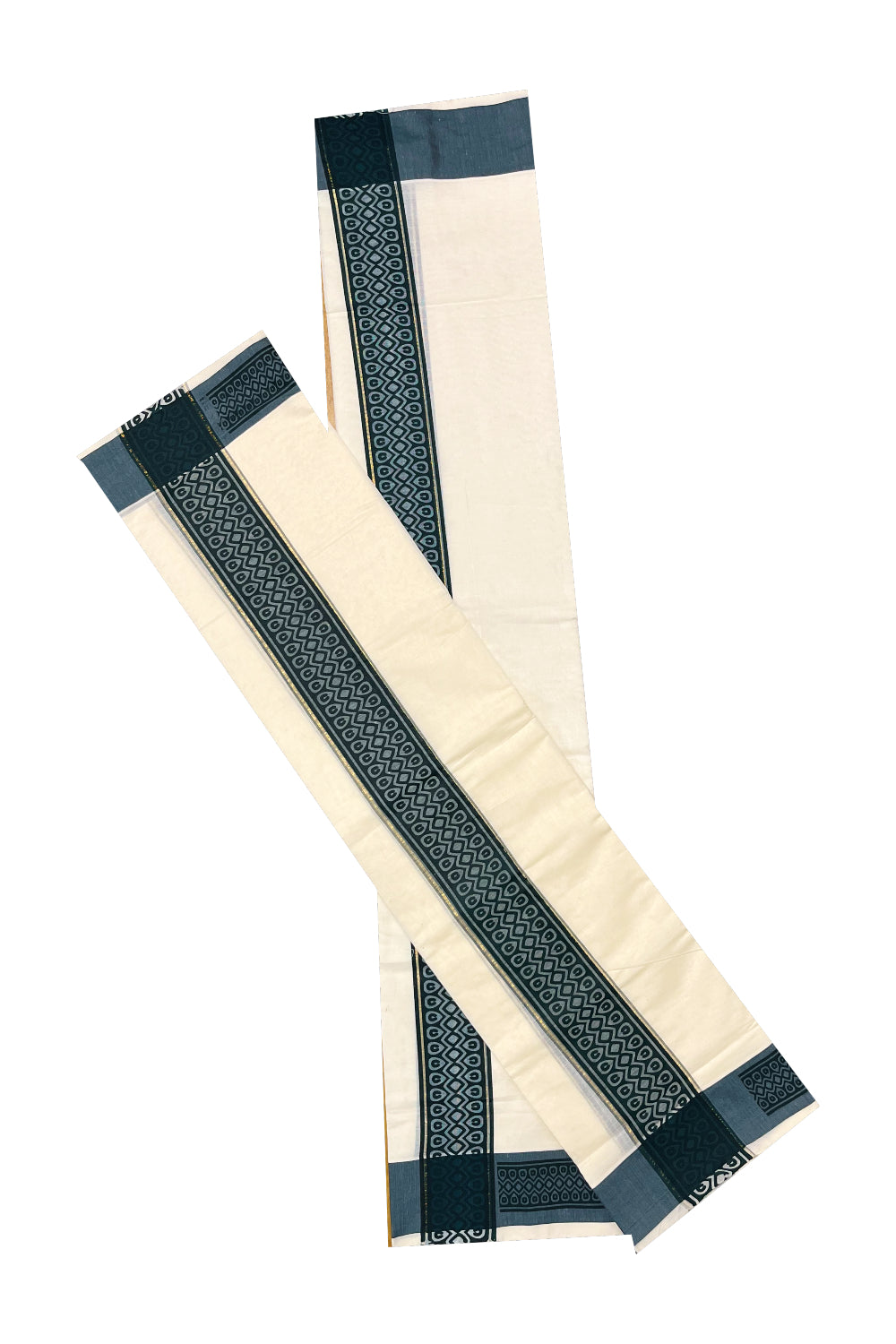 Kerala Cotton Single Set Mundu (Mundum Neriyathum) with Green Block print Border 2.80Mtrs