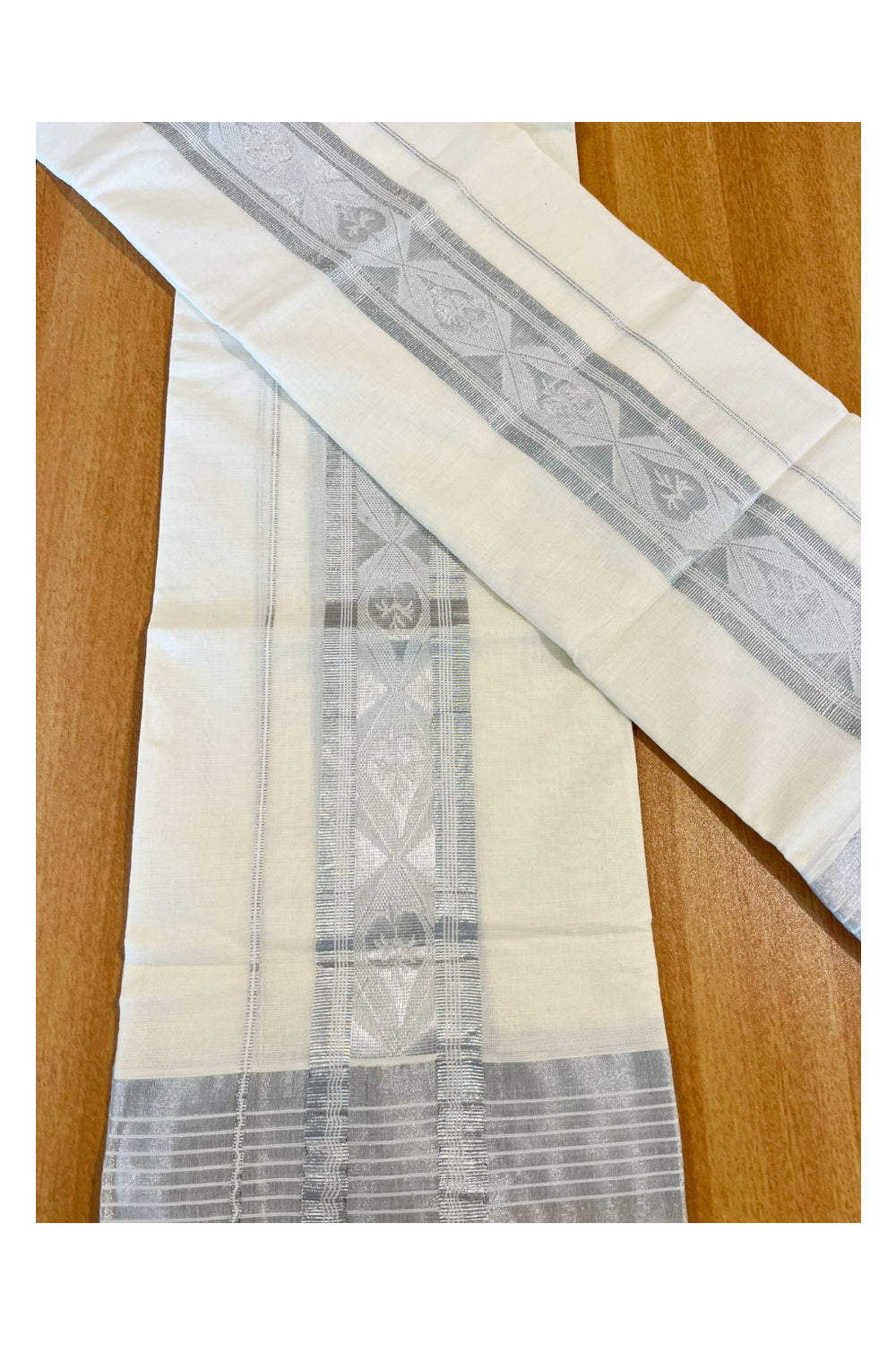 Kerala Pure Cotton Single Set Mundu (Mundum Neriyathum) with Woven Designs on Silver Kasavu Border 2.80 Mtrs