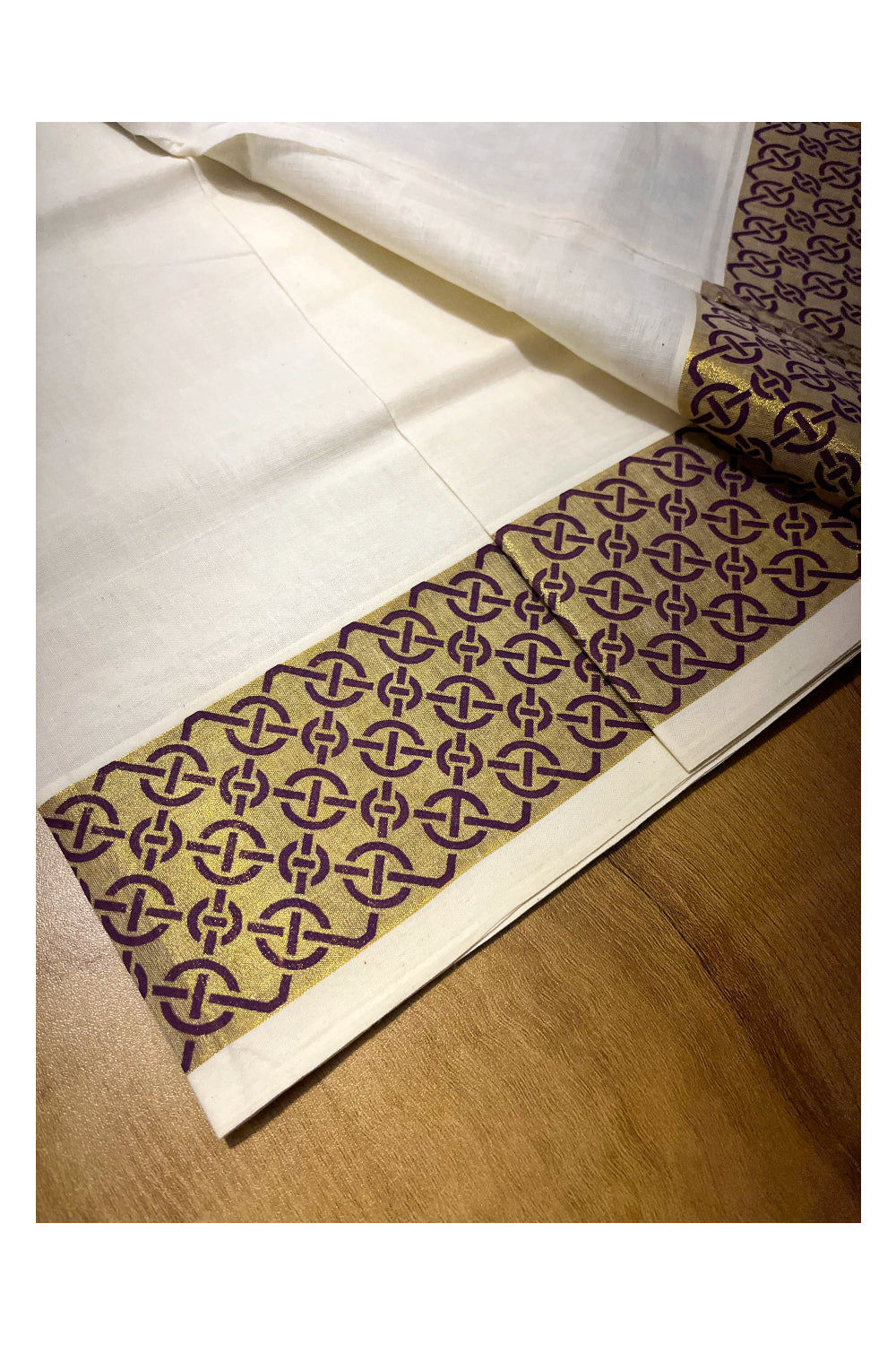Kerala Pure Cotton Set Mundu Single (Mundum Neriyathum) with Violet Block Prints on Kasavu Border 2.80Mtrs