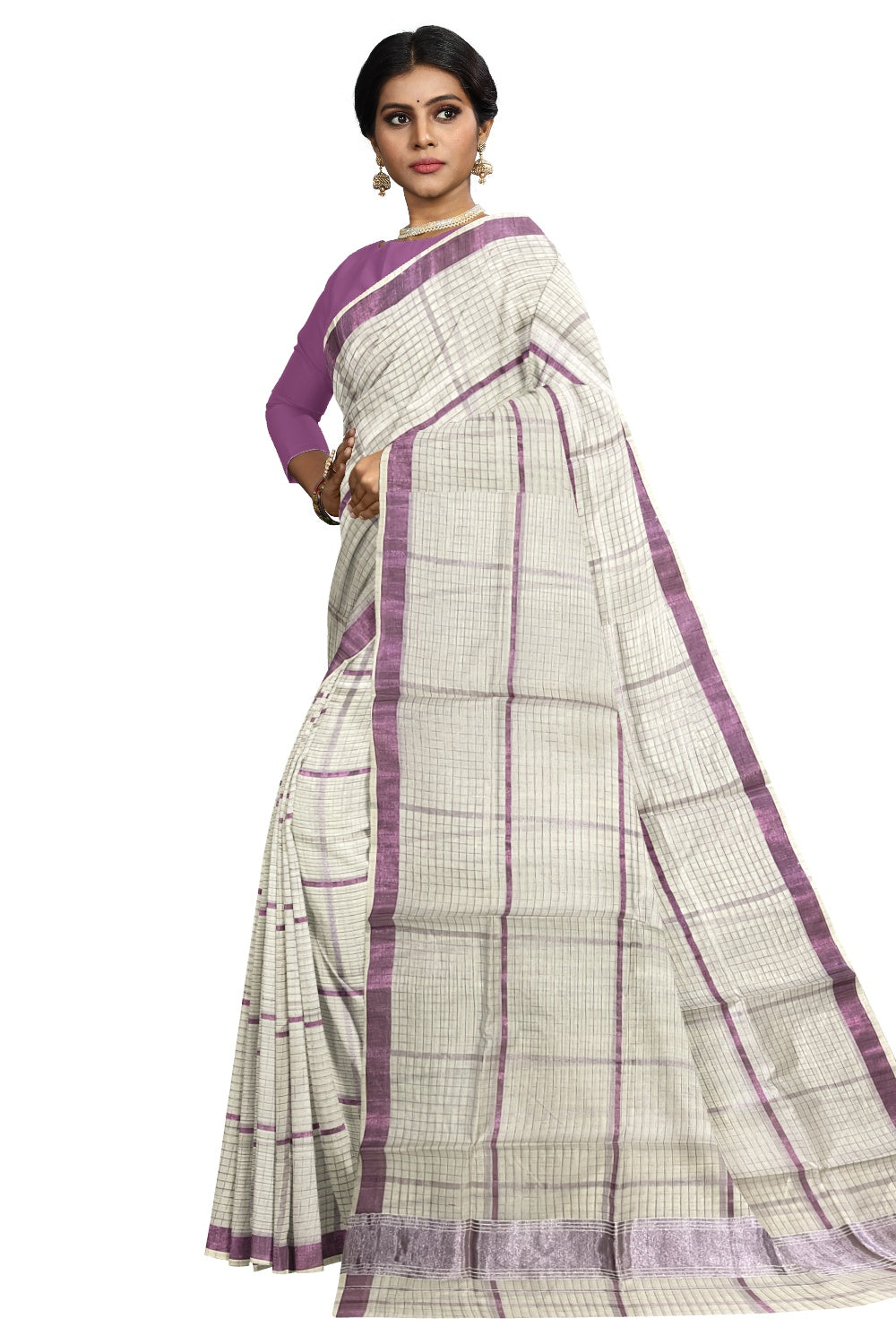 Pure Cotton Kerala Saree with Rose Copper Kasavu Check Designs Across Body