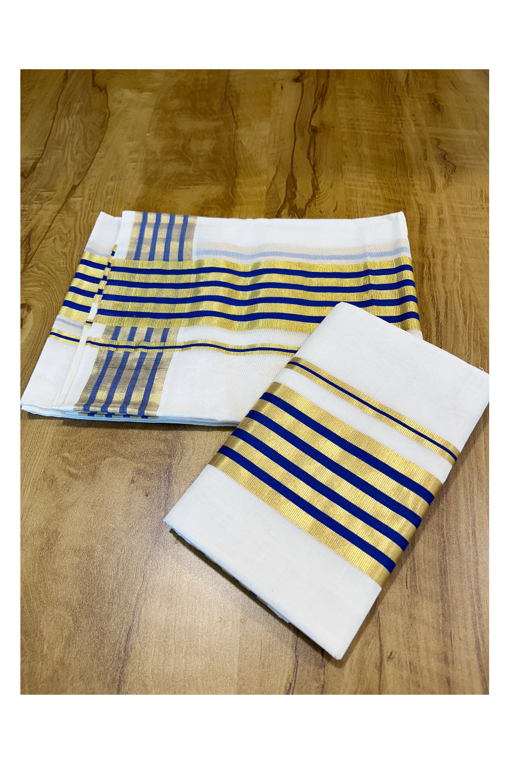 Southloom Premium Handloom Cotton Set Mundu (Mundum Neriyathum) with Kasavu and Blue Lines Border 2.80 Mtrs