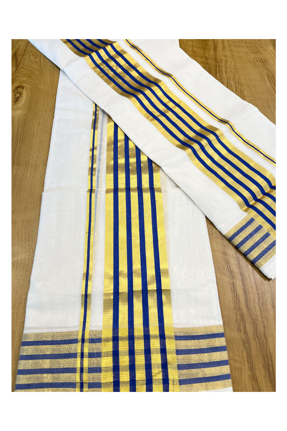 Southloom Premium Handloom Cotton Set Mundu (Mundum Neriyathum) with Kasavu and Blue Lines Border 2.80 Mtrs