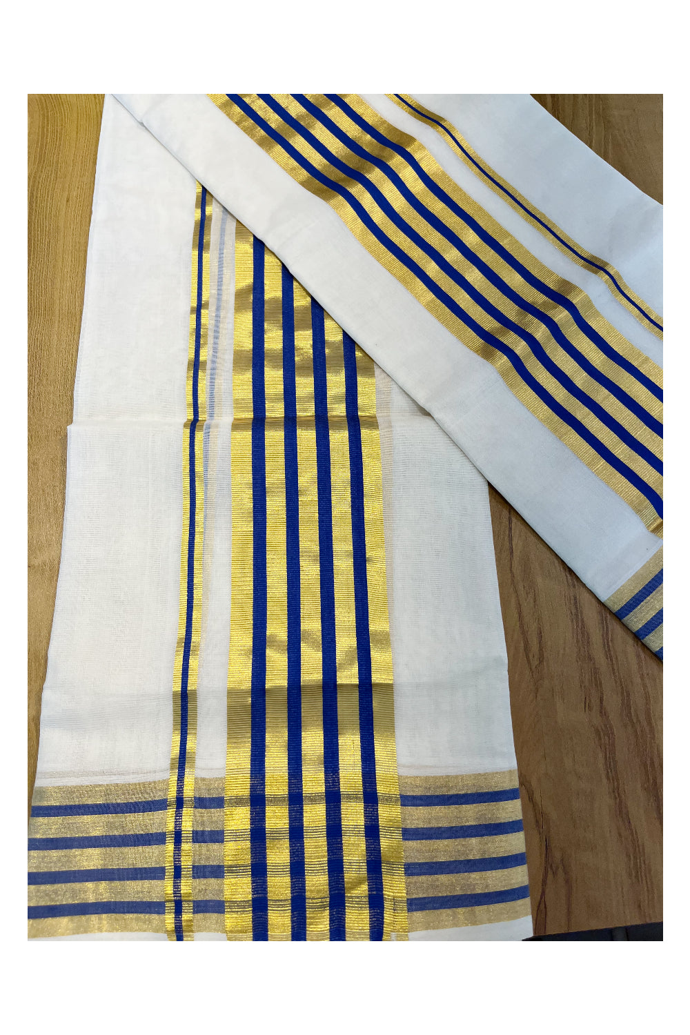 Southloom Premium Handloom Cotton Set Mundu (Mundum Neriyathum) with Kasavu and Blue Lines Border 2.80 Mtrs