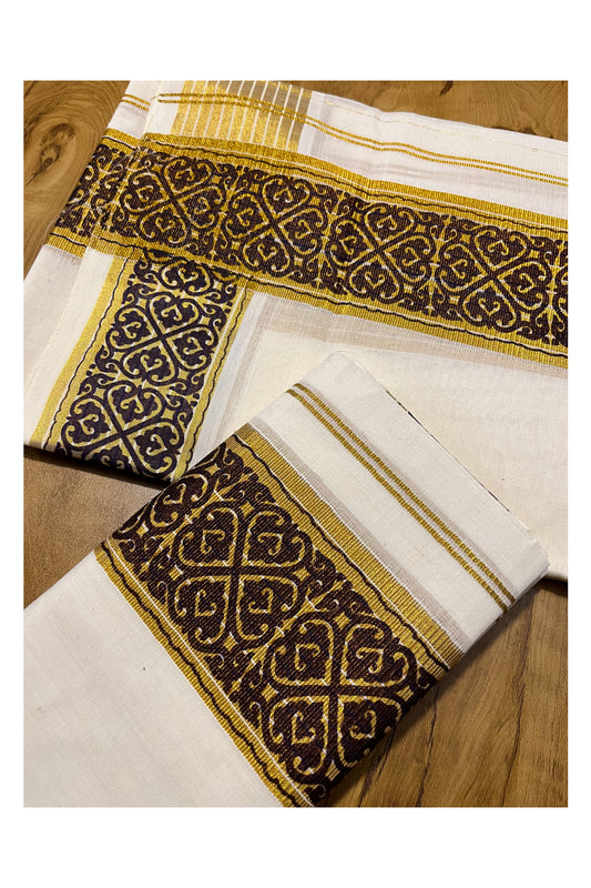 Kerala Pure Cotton Set Mundu Single (Mundum Neriyathum) with Brown Block Prints on Kasavu Border 2.80Mtrs