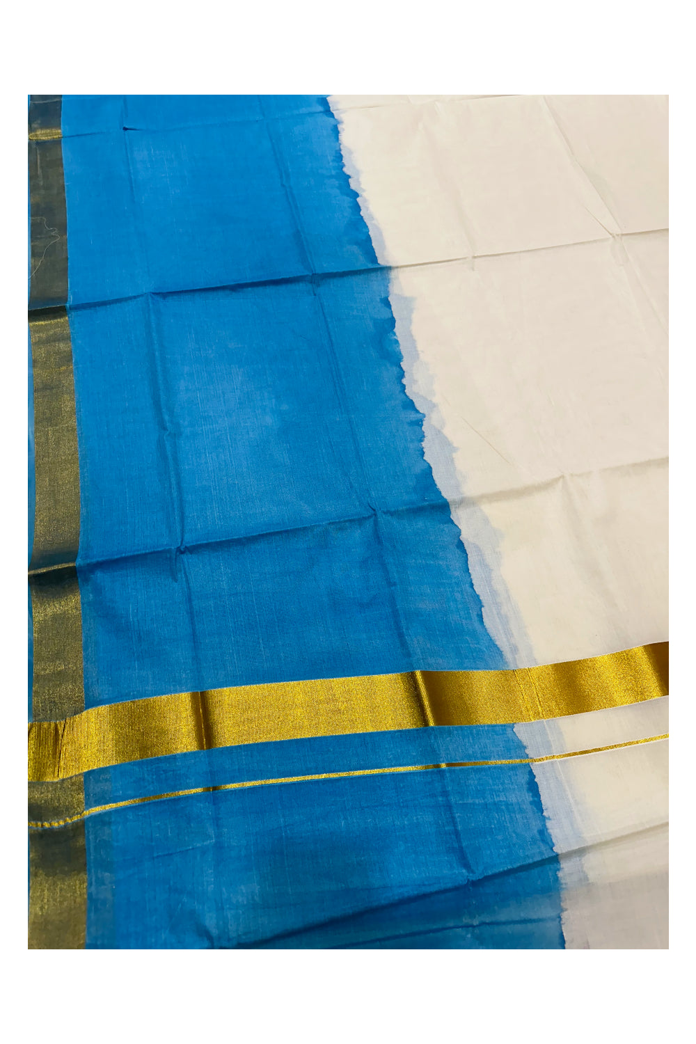 Southloom Tie and Dye Multi Colour Blue Kasavu Saree