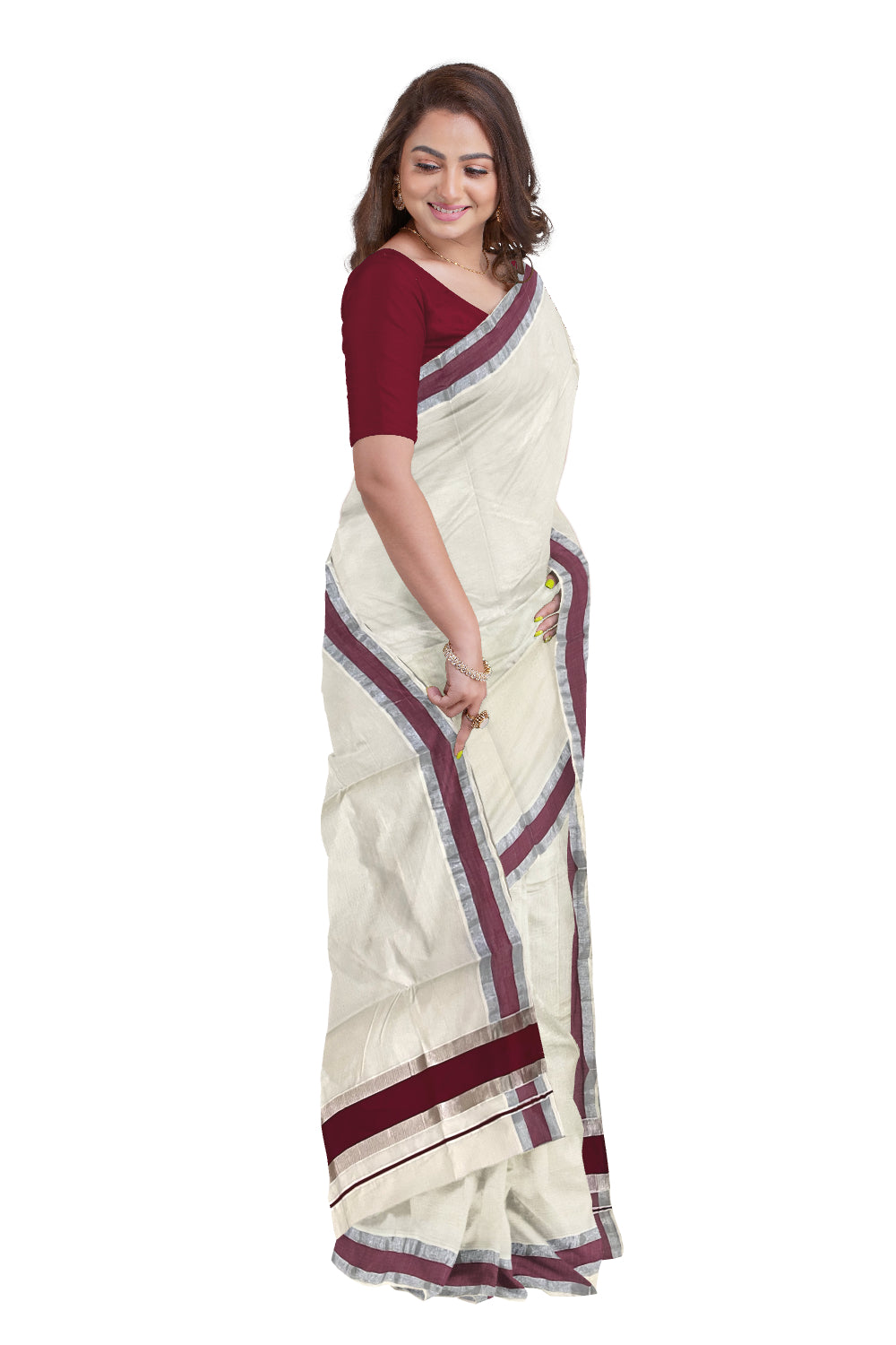 Pure Cotton Kerala Saree with Maroon and Silver Kasavu Border