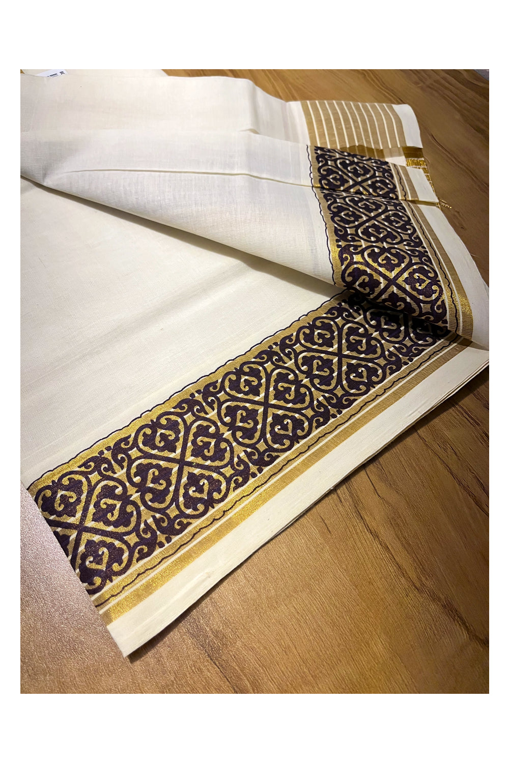 Kerala Pure Cotton Set Mundu Single (Mundum Neriyathum) with Brown Block Prints on Kasavu Border 2.80Mtrs