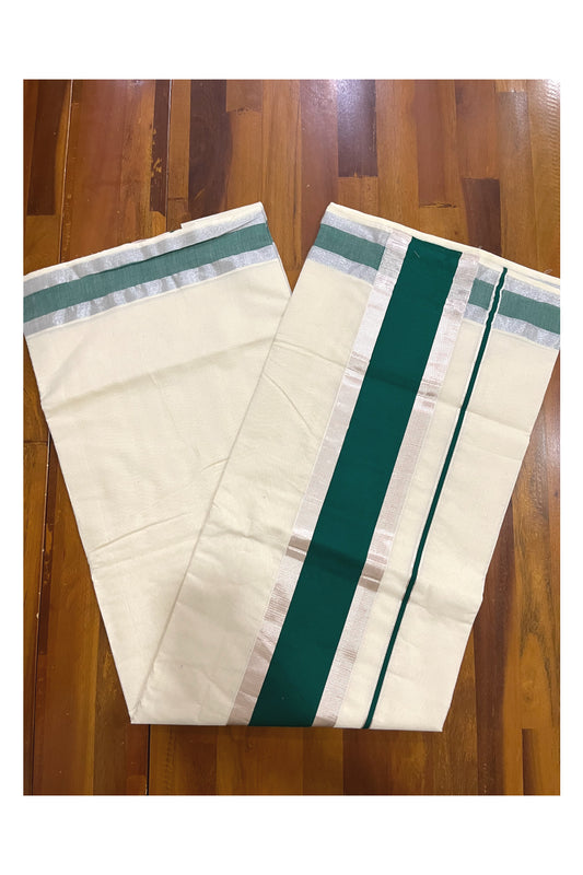 Pure Cotton Kerala Saree with Green and Silver Kasavu Border