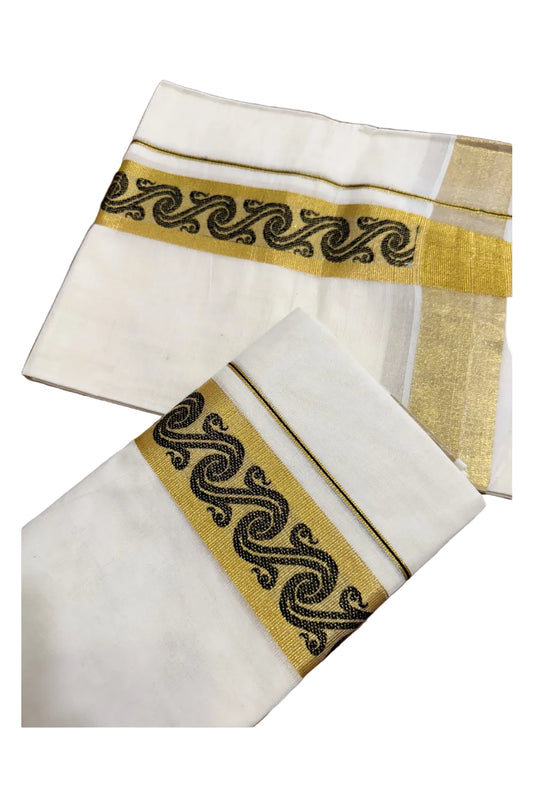 Southloom Kerala Pure Cotton Set Mundu Single (Mundum Neriyathum) with Black Block Prints on Kasavu Border-2.80Mtrs