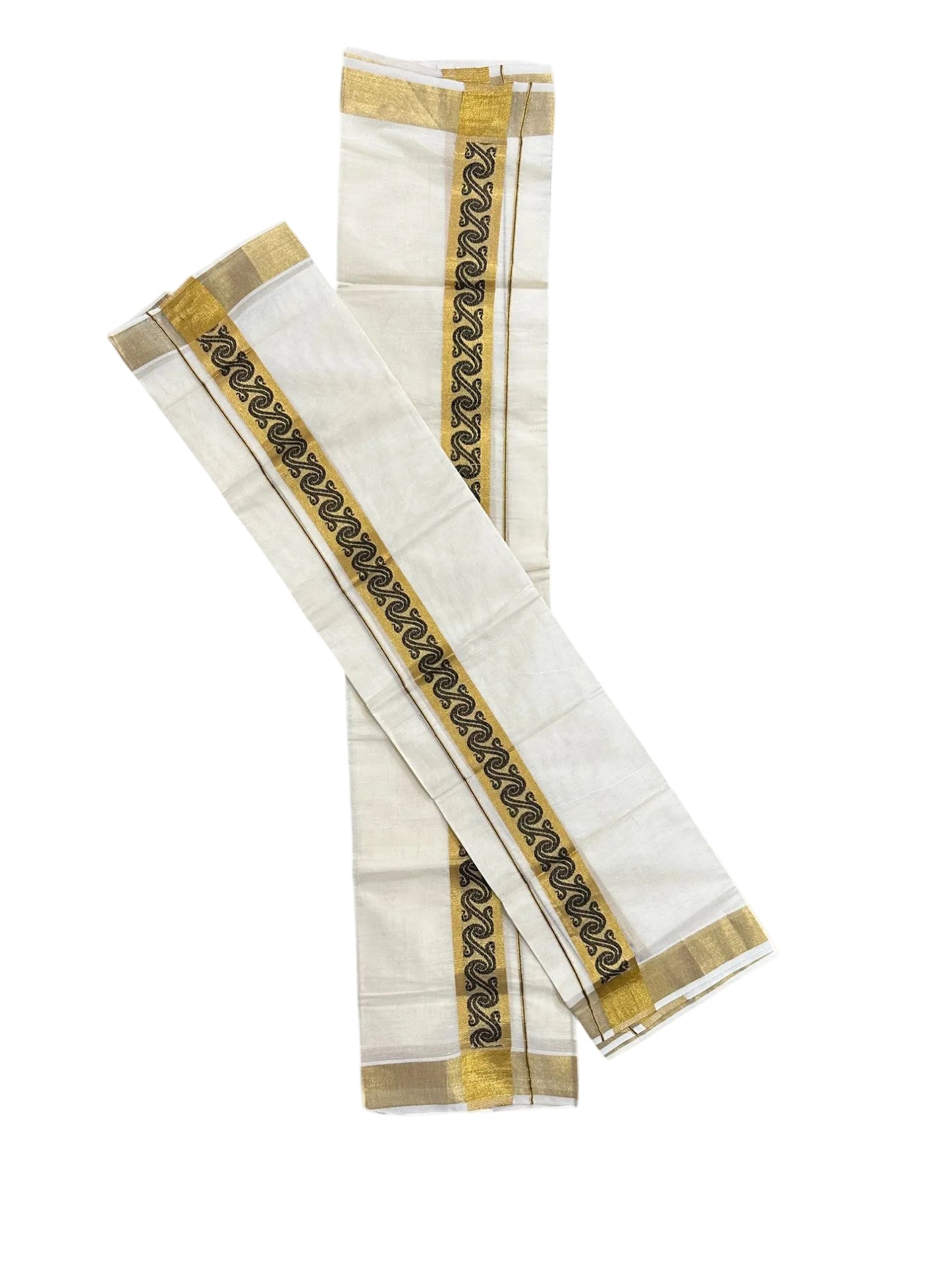 Southloom Kerala Pure Cotton Set Mundu Single (Mundum Neriyathum) with Black Block Prints on Kasavu Border-2.80Mtrs