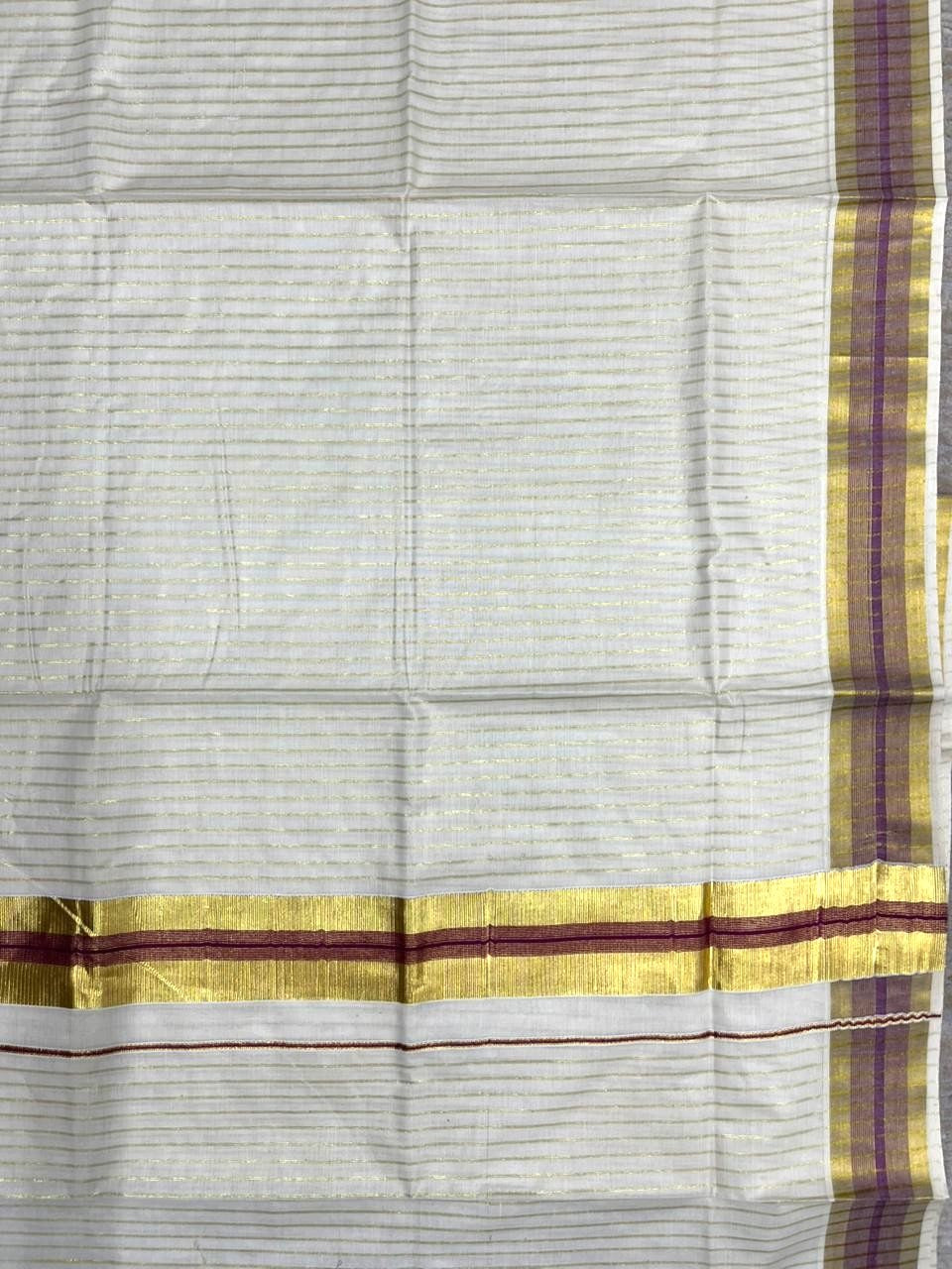 Southloom Pure Cotton Kerala Kasavu Lines Design Saree with Purple Border