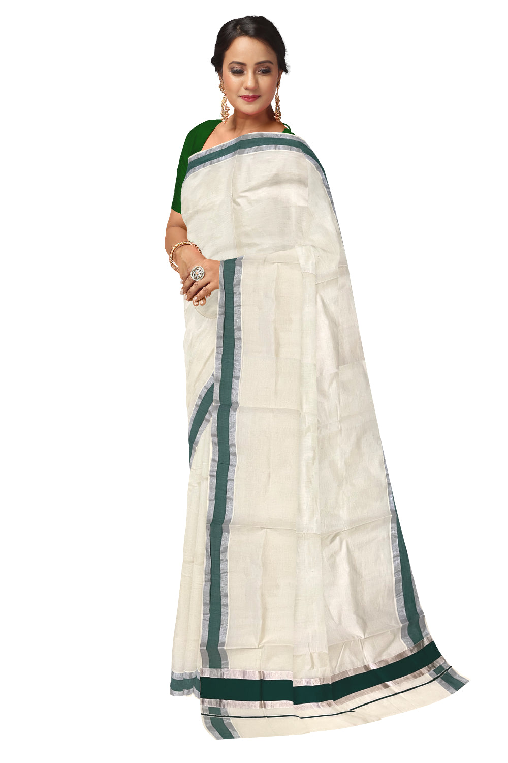 Pure Cotton Kerala Saree with Green and Silver Kasavu Border