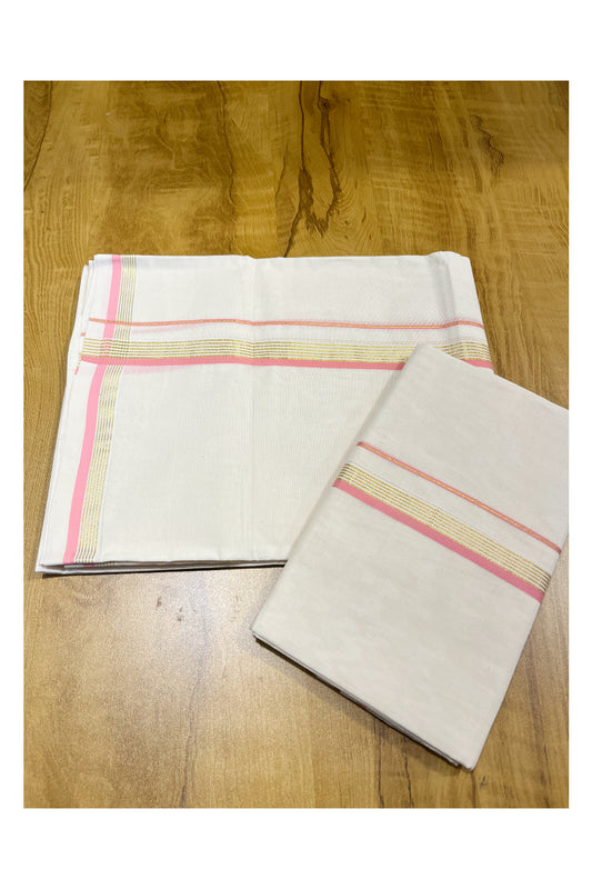 Kerala Pure Cotton Set Mundu Single (Mundum Neriyathum) with Pink and Kasavu Border 2.80 Mtrs