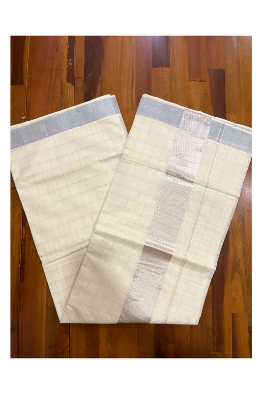 Pure Cotton Off White Kerala SIlver Kasavu Woven Check Saree with 3 x 2 Border