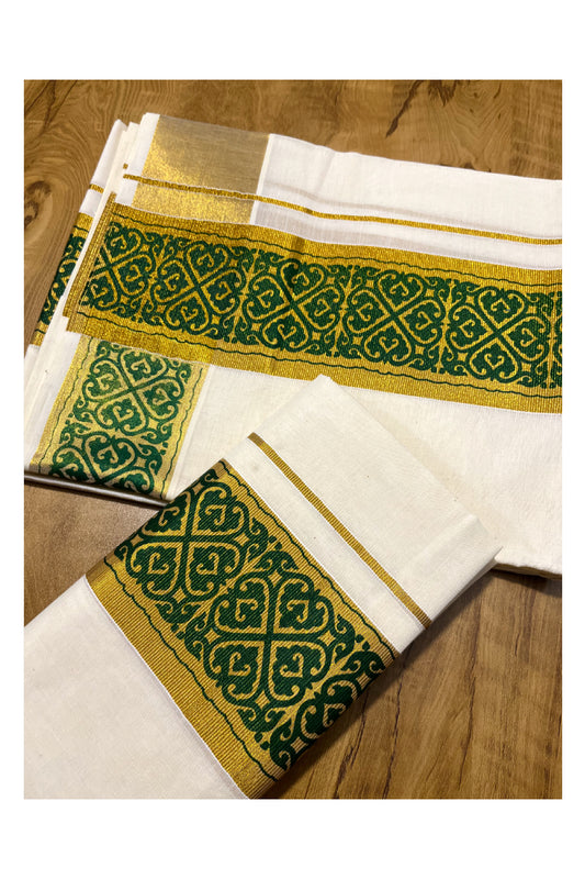 Kerala Pure Cotton Set Mundu Single (Mundum Neriyathum) with Green Block Prints on Kasavu Border 2.80Mtrs