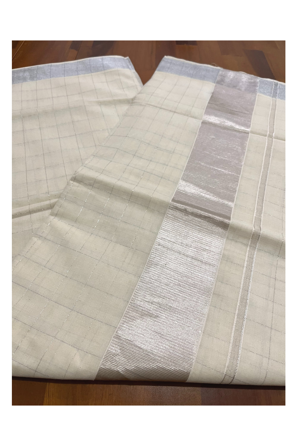 Pure Cotton Off White Kerala SIlver Kasavu Woven Check Saree with 3 x 2 Border