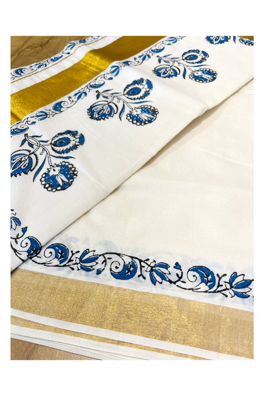 Southloom Cotton Kerala Kasavu Saree with Black and Blue Block Prints On Border