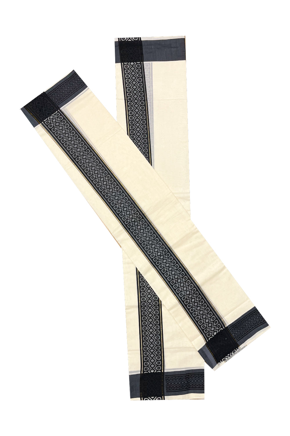 Kerala Cotton Single Set Mundu (Mundum Neriyathum) with Black Block print Border 2.80Mtrs