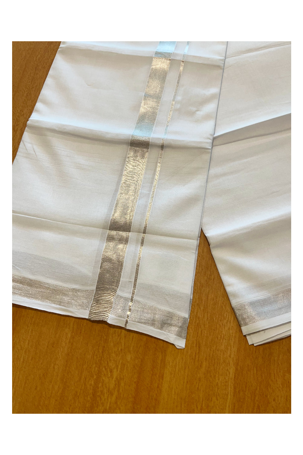 Pure White Cotton Double Mundu with Silver Border (South Indian Dhoti)