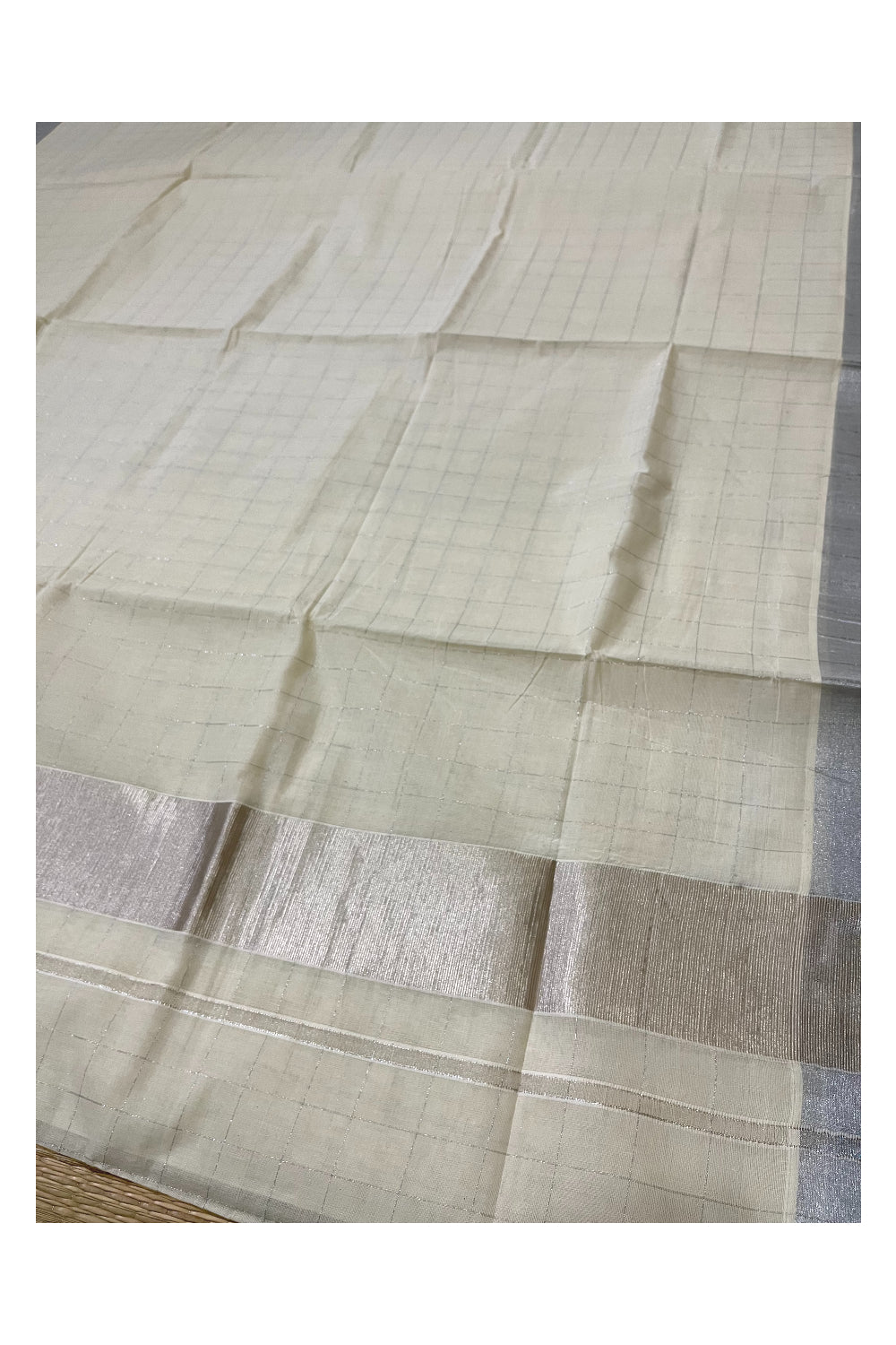 Pure Cotton Off White Kerala SIlver Kasavu Woven Check Saree with 3 x 2 Border