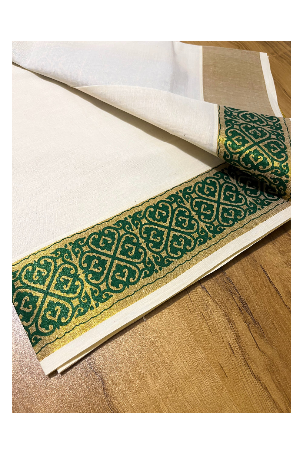 Kerala Pure Cotton Set Mundu Single (Mundum Neriyathum) with Green Block Prints on Kasavu Border 2.80Mtrs