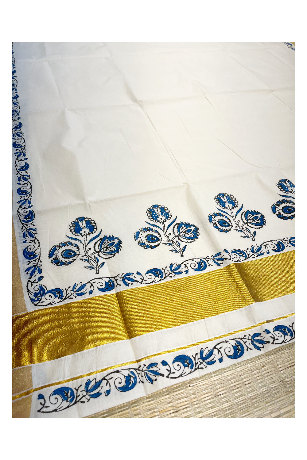 Southloom Cotton Kerala Kasavu Saree with Black and Blue Block Prints On Border