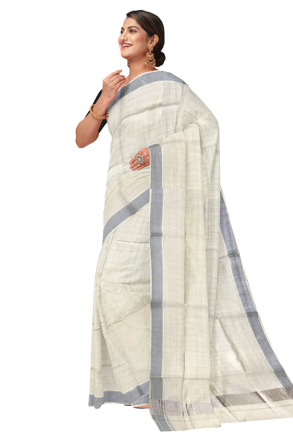 Pure Cotton Off White Kerala SIlver Kasavu Woven Check Saree with 3 x 2 Border