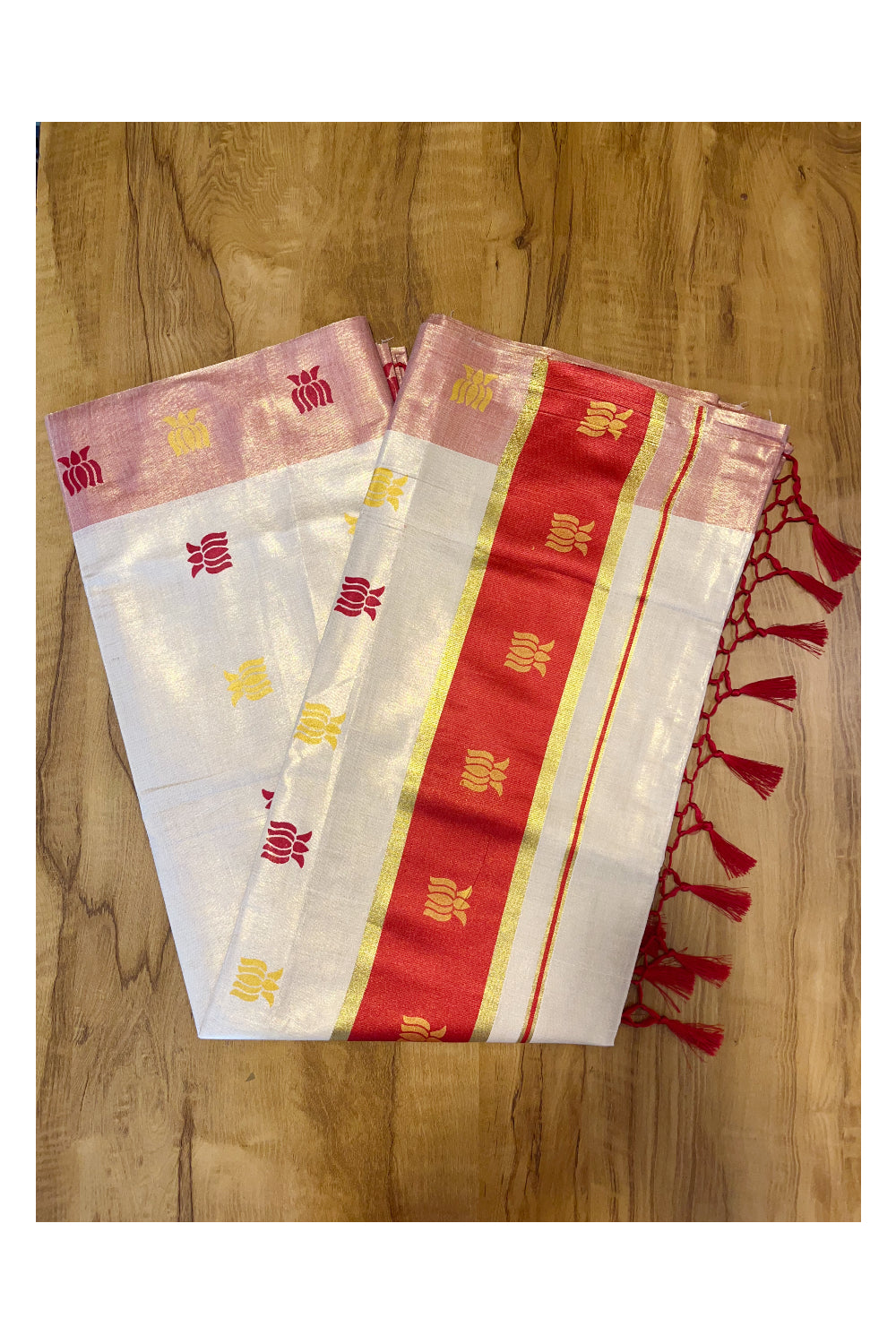 Kerala Tissue Kasavu Saree with Red And Golden Lotus Design On Border