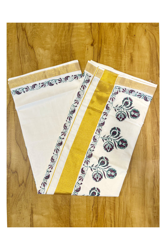 Southloom Cotton Kerala Kasavu Saree with Green and Purple Block Prints On Border