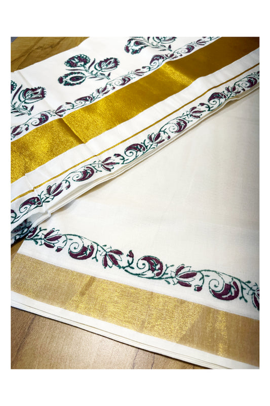 Southloom Cotton Kerala Kasavu Saree with Green and Purple Block Prints On Border