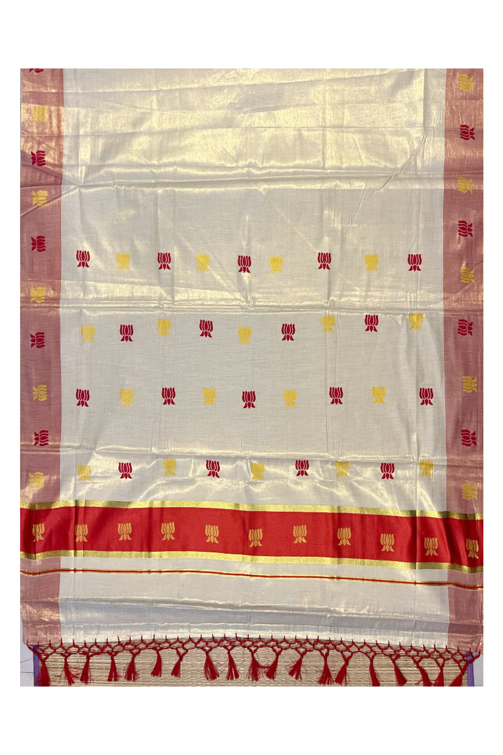 Kerala Tissue Kasavu Saree with Red And Golden Lotus Design On Border