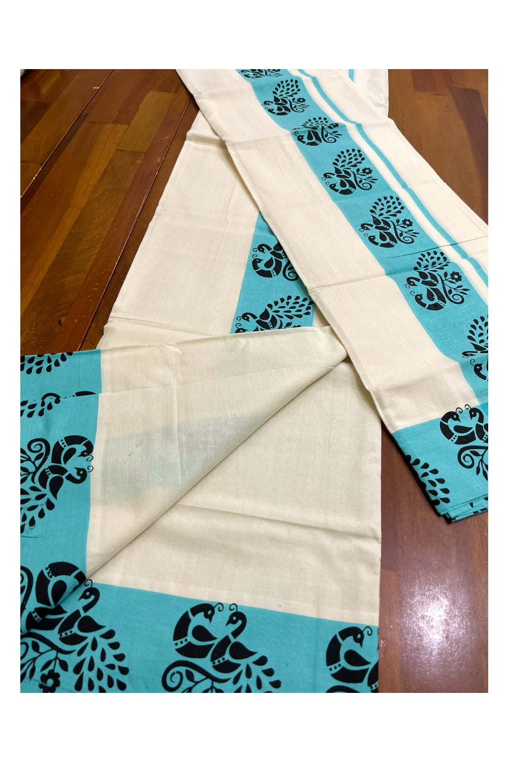 Kerala Pure Cotton Set Mundu (Mundum Neriyathum) with Block Printed Blue Border 2.80 Mtrs