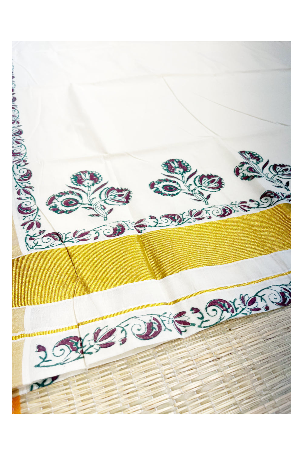 Southloom Cotton Kerala Kasavu Saree with Green and Purple Block Prints On Border