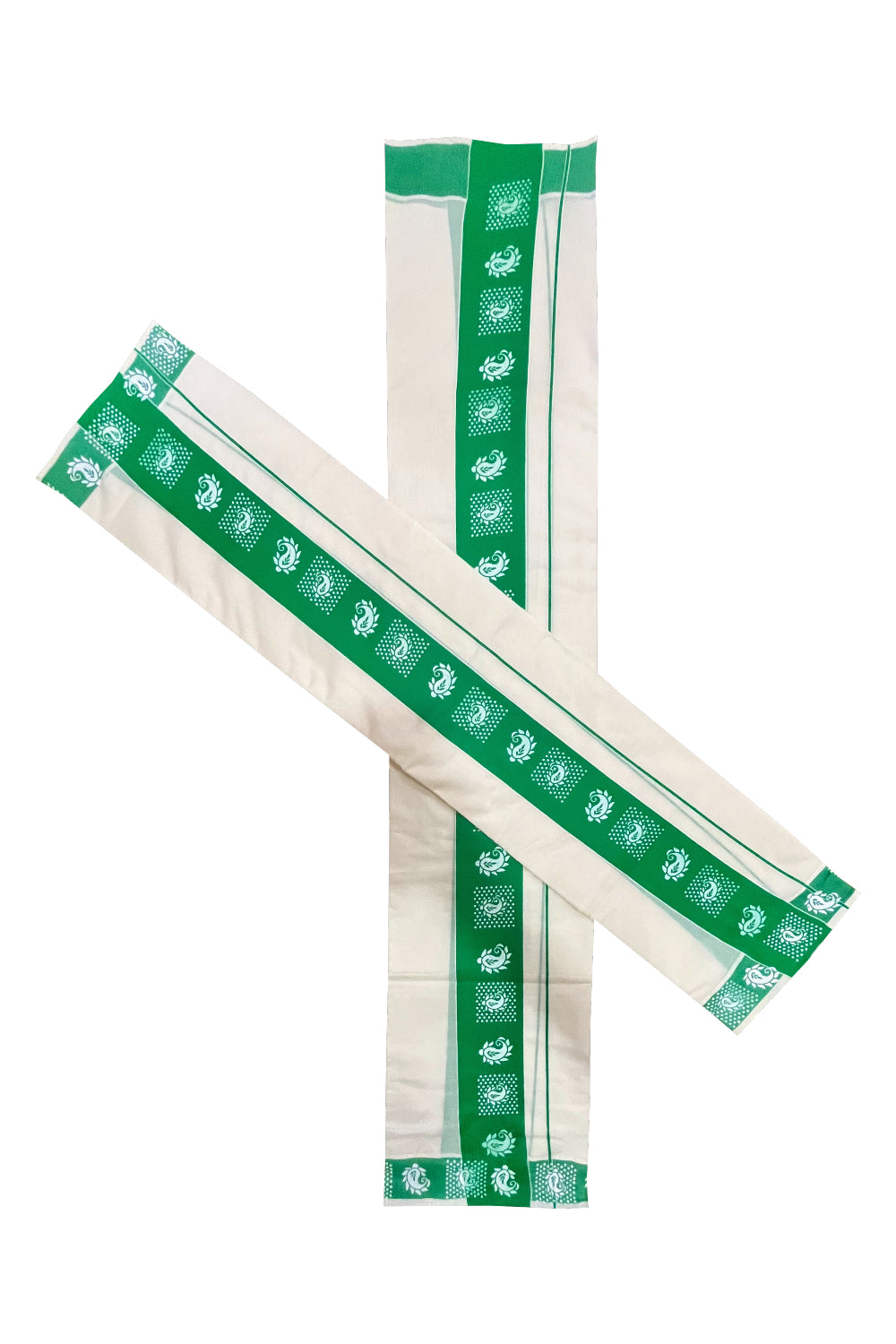 Kerala Cotton Single Set Mundu (Mundum Neriyathum) with Block Prints on Green Border