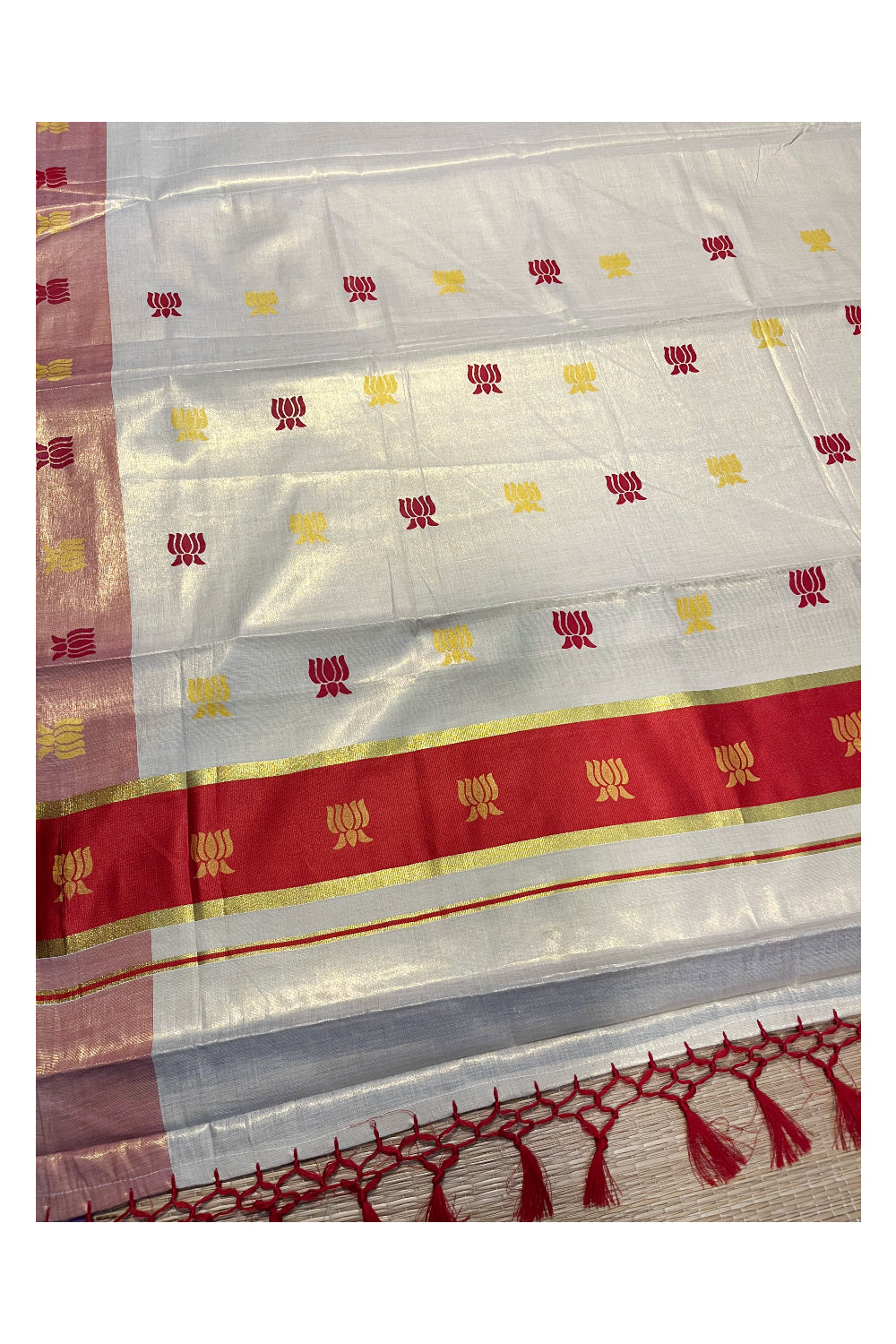 Kerala Tissue Kasavu Saree with Red And Golden Lotus Design On Border