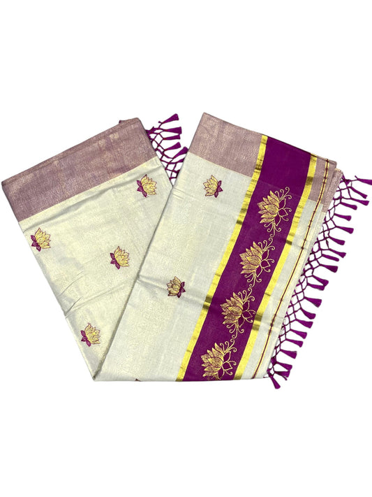 Southloom Kerala Tissue Kasavu Saree with Magenta And Golden Lotus Embroidary Designs on Body SL273