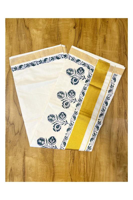 Southloom Cotton Kerala Kasavu Saree with Green and Violet Block Prints On Border